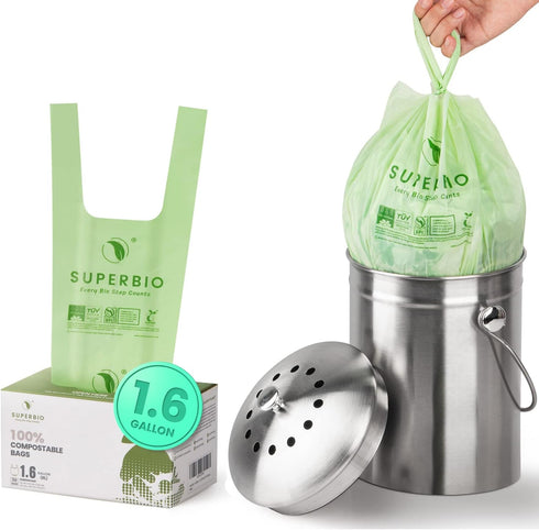 SUPERBIO 1.6 Gallon Compostable Handle Tie Food Waste Bags, 50 Count, Small Bags for Countertop Bin