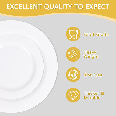 Sylans 60PCS set, 30 10" 30 7" White Plastic Plates Disposable Party Plates with Heavy Duty Dinner plates and Elegant