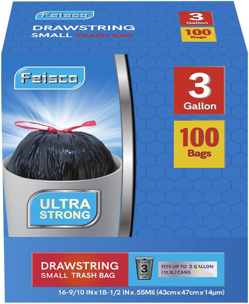 3 Gallon Black Trash Bag, Small Drawstring Garbage Can Liner, 100 Counts, 0.55 Mil