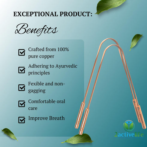 Copper Tongue Scraper Set of 2 for Adults - Effective Tongue Cleaner for Optimal Oral Care & Hygiene, Promotes Fresh Breath"