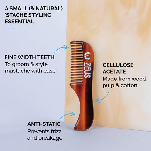 ZEUS Handmade Saw-Cut Mustache Comb for Men - Fine Tooth, Durable, Hand Polished Pocket Beard Comb (3 PACK)
