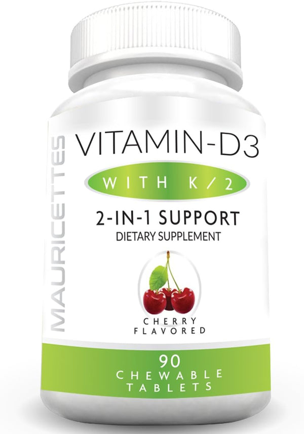 Chewable Vitamin D3 with K2, 2-in-1 Bone & Heart Health Support, Immune Booster, Natural Cherry Flavor, 90 Tablets