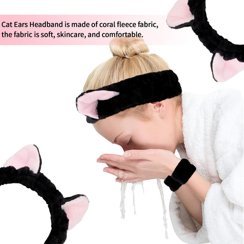 6 Pcs Spa Headband Face Wash and Wristband Set, Cute Cat Ears Plush Makeup Skincare Headbands