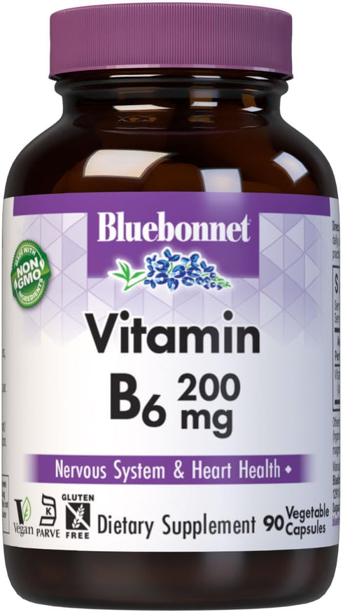 Bluebonnet Nutrition Vitamin B6 Vegetable Capsules, 200 mg, 90 Servings, Cardiovascular and Nervous System Health
