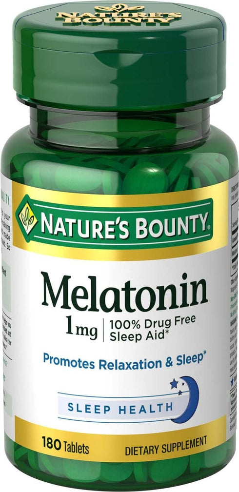 Nature's Bounty Melatonin, 1mg, 180 Tablets, 100% Drug Free Sleep Aid, Promotes Relaxation and Sleep Health