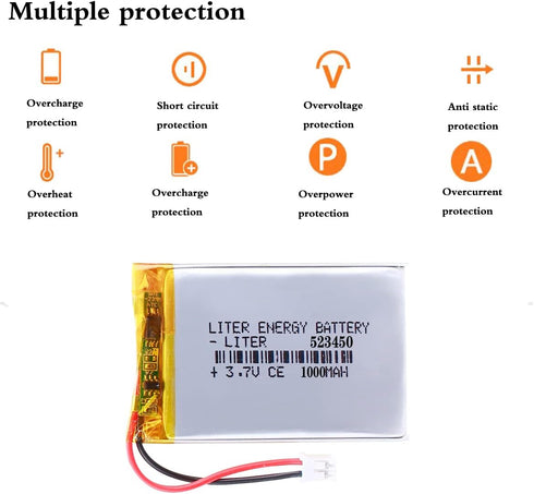1000mAh Lithium Polymer ion Battery, 3.7V 523450 Rechargeable Battery Pack with JST 2.0mm Connector