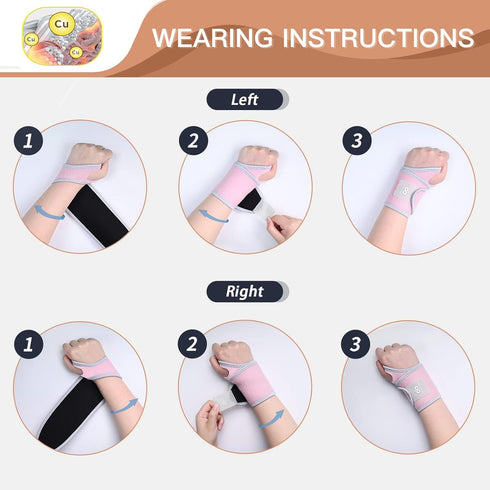 INDEEMAX 2 Pack Copper Wrist Brace Support for Carpal Tunnel, Pain Relief, Adjustable Compression Wraps (Pink)
