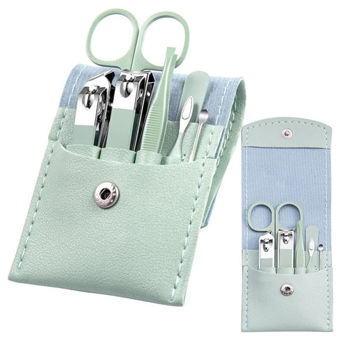 Manicure Set - 7 Pieces Professional Travel Nail Clippers with Green Leather Bag, Stainless Steel Nail Care Tools