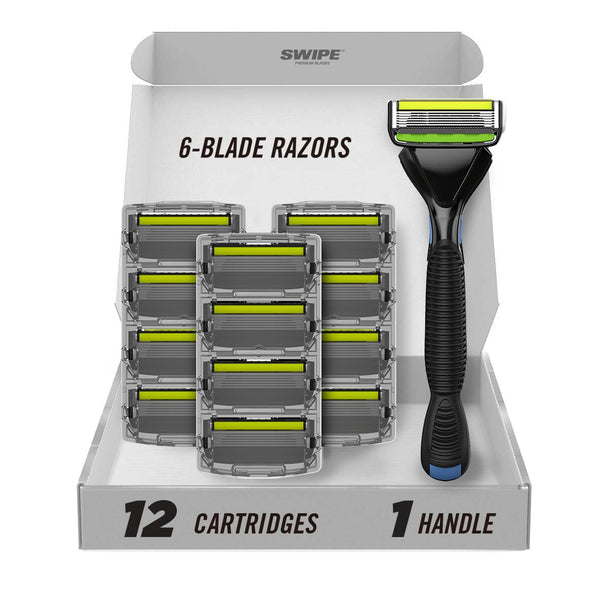 SWIPE Premium Men's 6-Blade Razor Kit (Flex Head Handle + 12 Refills) - No Trimmer