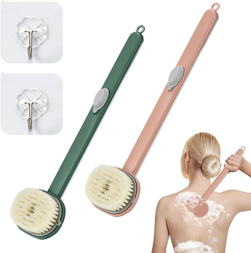 Long Handle Bath Massage Cleaning Brush - Back Scrubber for Shower with Soap Dispenser, Pink + Green