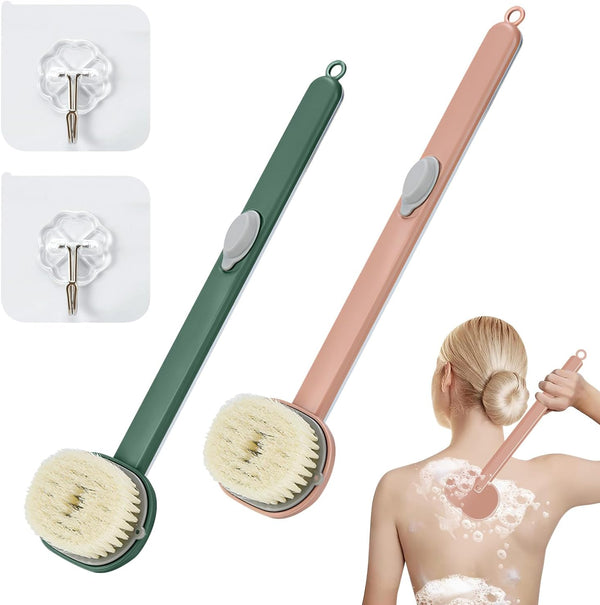 Long Handle Bath Massage Cleaning Brush - Back Scrubber for Shower with Soap Dispenser, Pink + Green