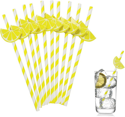 Summer Lemon Paper Straws - Lemon Drinking Straws, DIY Decorative Yellow Striped Citrus Fruit Themed Party Straws