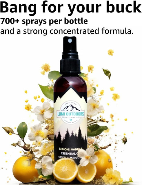 Lumi Outdoors Natural Air Freshener - Lemon Vanilla Odor Eliminating Essential Oil Room Spray