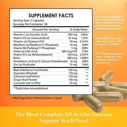 Immunity Support Booster Supplement with Vitamin C, D, Elderberry, Echinacea, Zinc, Curcumin, Ginger, B Vitamins -