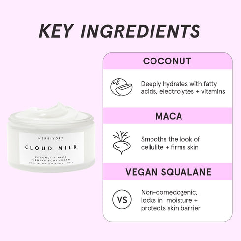 HERBIVORE Cloud Milk Coconut + Maca Moisturizing Body Cream, 6.6 oz, Fast-Absorbing + Firming