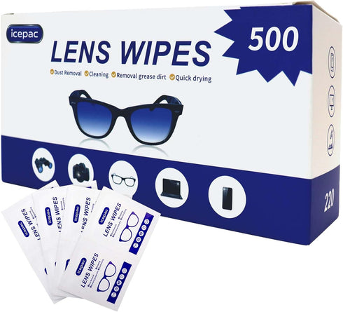 icepac Lens Wipes for Eyeglasses - 500 Pre-Moistened Individual Wrapped Eye Glasses Cleaning