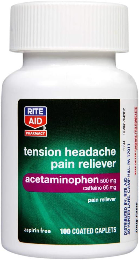 Rite Aid Tension Headache Pain Reliever, Acetaminophen 500 mg, 100 Coated Caplets | Extra Strength Pain Relief Pills,