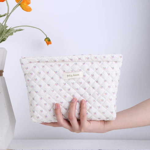 Juoxeepy Floral Quilted Makeup Bag, Aesthetic Cotton Cosmetic Pouch for Toiletries