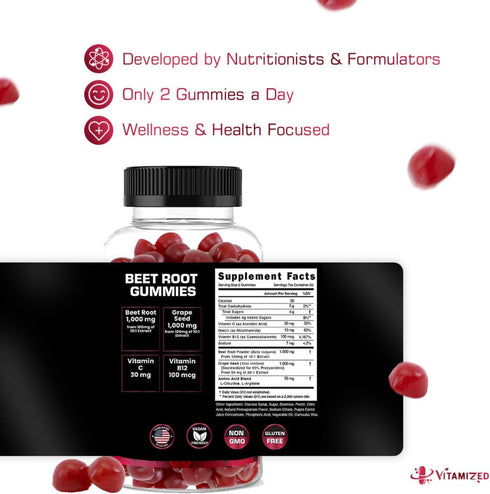 Beet Root Gummies - Super Nitric Oxide Beets Supplement - Red Beetroot Heart Chews, 60 Chewables