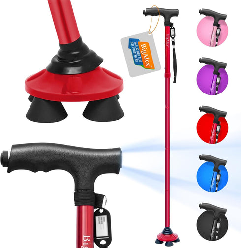BigAlex Folding Walking Cane with LED Light, Adjustable Walking Stick with Carrying Bag, Pivoting Quad Base for