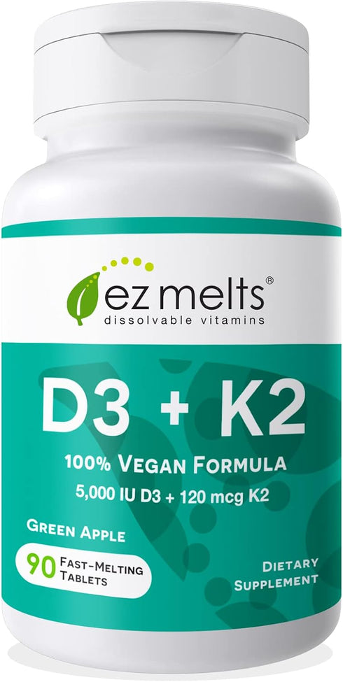 EZ Melts Dissolvable Vitamin D3 K2 5,000 IU, Sugar-Free Bone & Joint Support, 3-Month Supply