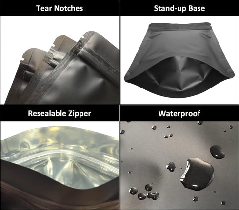 100 Pack Matte Black Mylar Stand Up Bags - 6.3x9.4 Inches Smell Proof Resealable Pouch for Food Storage