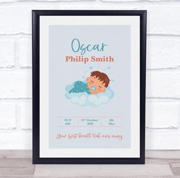 The Card Zoo New Baby Birth Details Christening Nursery Brunette Boy Keepsake Gift Print