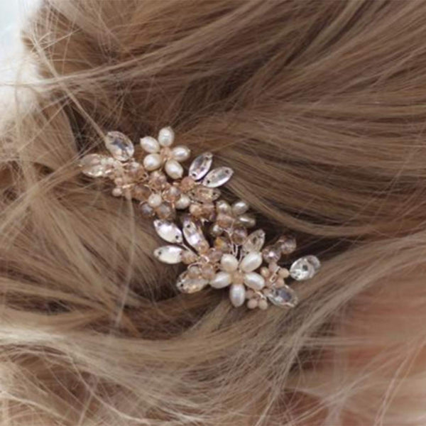 Unicra Bridal Hair Pins, Pack of 2 Rose Gold Crystal Flower Hair Accessories for Women and Girls Party Hair Clips