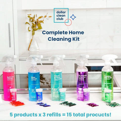 Complete Home Cleaning 15 Pack Kit for Kitchen, Bathroom, Carpet, Dish, and Glass Cleaner Refills