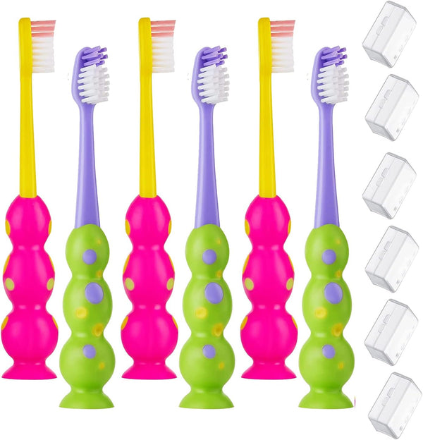 Kids Toothbrush 6 Pack, Soft Contoured Bristles, Child Sized Brush Heads, Suction Cup for Easy Storage (Green & Pink)