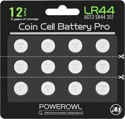 POWEROWL High Capacity L1154F LR44 Batteries 12 Pack, AG13 357 303 SR44 A76 Premium Alkaline Coin Cell