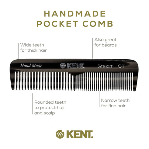 Kent OT Black Graphite Pocket Comb - Handmade Fine and Wide Tooth Hair Comb for Men, Women, Kids