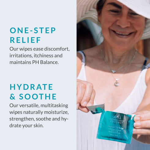 Organic Coconut Oil Intimate Wipes Sensitive Skin Feminine Wipes, Biodegradable, Individually Wrapped, Moisturizing