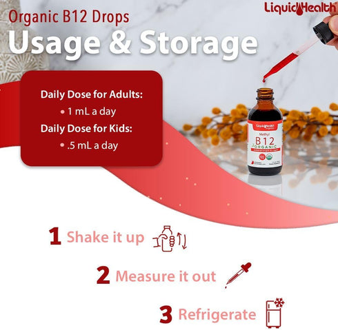 LIQUIDHEALTH Organic Methyl Vitamin B12 Liquid Drops with Tart Cherry Juice, Vegan, Sugar Free, Non-GMO (2 Pack)