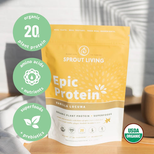 Sprout Living Epic Protein, 20 Grams Organic Plant Based Protein Powder, Vanilla Lucuma, Vegan, 1 Pound