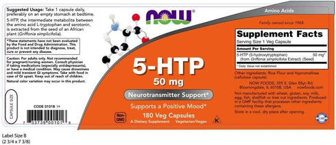 NOW Supplements, 5-HTP (5-hydroxytryptophan) 50 mg, Neurotransmitter Support*, 180 Veg Capsules