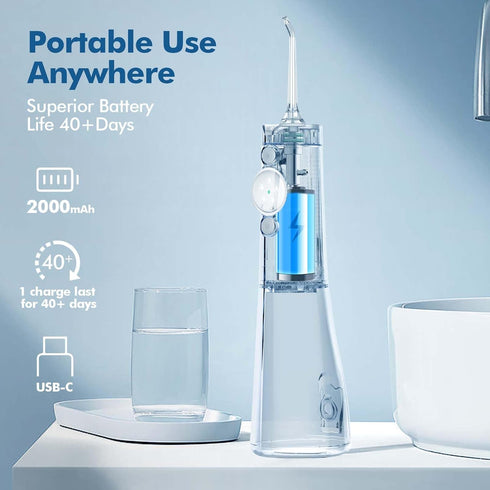 Water Dental Flosser Cordless: Professional Water Floss LED Display 5 Modes, 300ML Water Tank, IPX7 Waterproof Portable Oral Irrigator with 6 Jet Tips for Travel, Home (White)