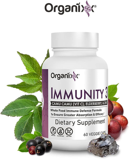 Organixx Immunity 3 Immune Support Supplement with Elderberry, Zinc, Vitamin C, 60 Capsules, Organic, Non-GMO