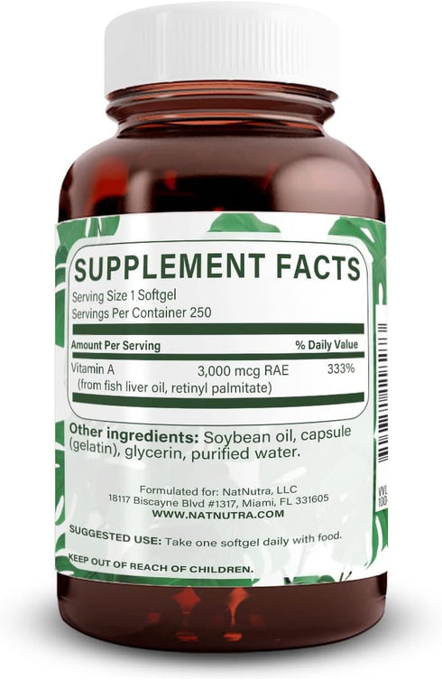 Natural Nutra Vitamin A 10,000 IU Softgels – High Potency Eye & Skin Health Supplement – 250 Softgels (2 Pack)