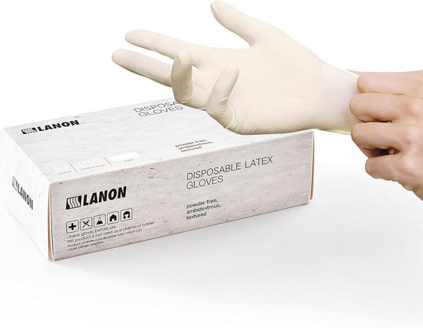 LANON 5 mil Latex Disposable Gloves, Powder-Free, Food-Contact Grade, Large White