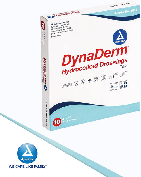 Dynarex DynaDerm Hydrocolloid Dressings, Sterile Moist Bandages, 4" x 4", 1 Box of 10, Thin & Latex-Free