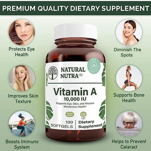Natural Nutra Vitamin A 10,000 IU Softgels, Gluten-Free Eye and Skin Vitamins, 100 Softgels