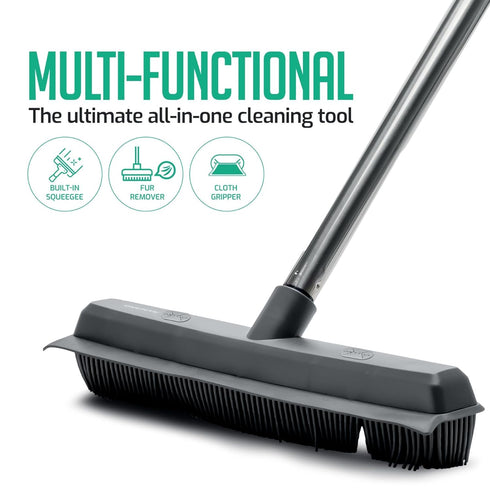 OVENTE Rubber Broom for Pet Hair Removal with Squeegee, Portable Lint Remover & Fur Brush Set, Grey