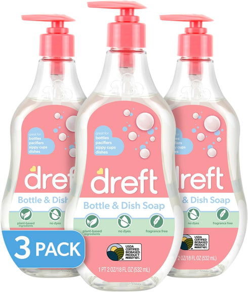 Dreft Bottle and Dish Soap: Plant-Based, Fragrance-Free Baby Bottle Wash, 18 Fl Oz (Pack of 3)