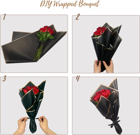 Gloreyan 20 Sheets Black Flower Wrapping Paper | Waterproof Floral Gift Box Packaging Material for DIY Crafts
