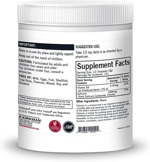 Kirkman – Purest Calcium with Vitamin D-3 – 454 gm – 16 oz Powder - Unflavored - Hypoallergenic