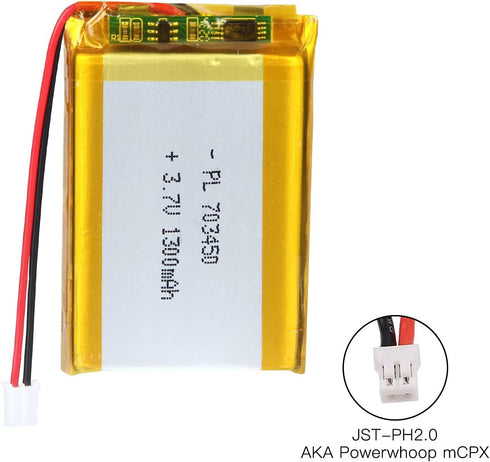 3.7V 1300mAh Battery 703450 Lithium Polymer Ion Rechargeable Li-ion Li-Po Battery with 2P PH 2.0mm Pitch Connector