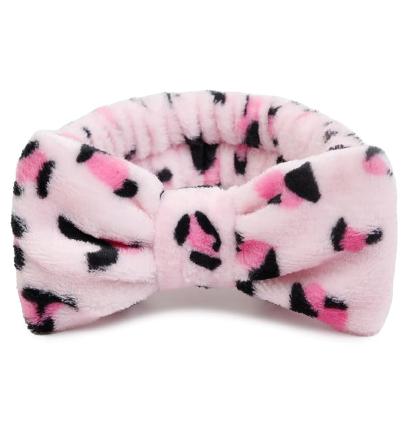 Spa Headbands for Women - Pink Leopard Girls Makeup Bow Tie Head Band, Soft Microfiber Face Wash Headbands