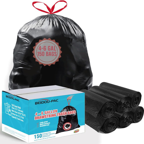 150 Count Bulk Value Pack Drawstring Trash Bags, 4-6 Gallon, Black & Unscented, Multi-purpose Garbage Bags