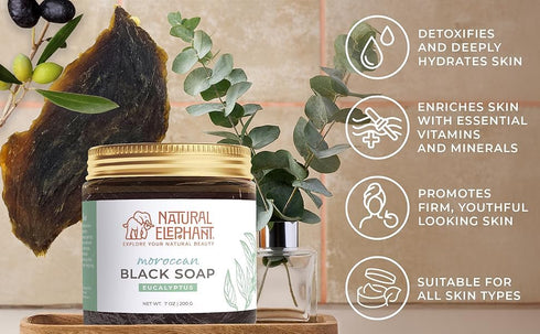 Natural Elephant Moroccan Black Soap With Eucalyptus Essential Oil 200g (7oz)